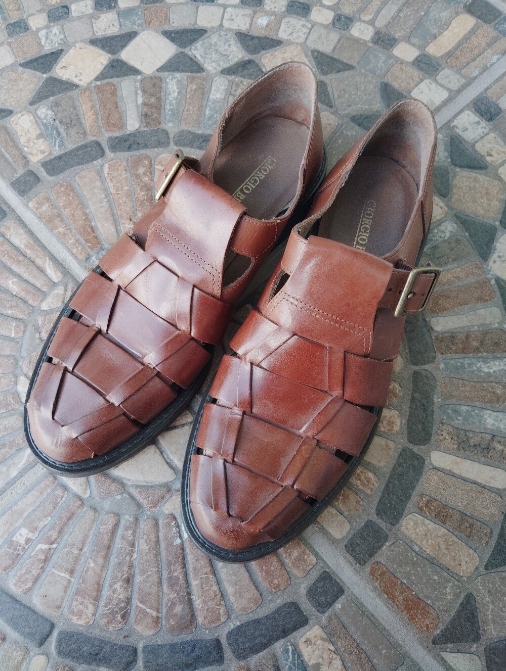 Giorgio Brutini Cognac Brown Woven Leather Sandals with Buckle